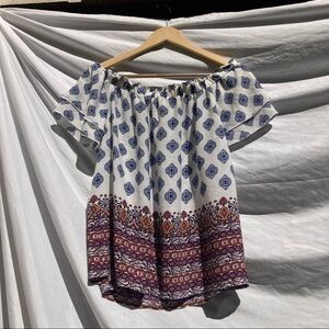 Pink Rose Boho Top, White Background with a Bohemian Design, Size Large.